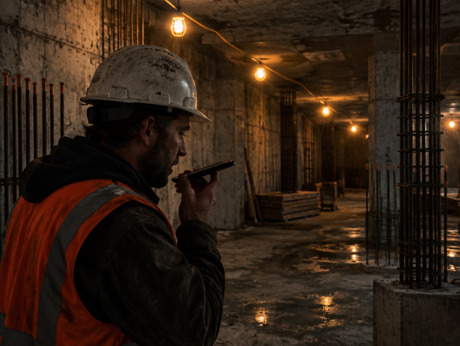 A worker in a dark concrete basement recording a voice note