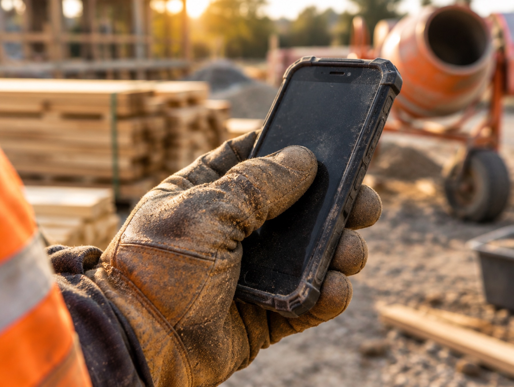 A gloved hand holding a rugged phone on a building site